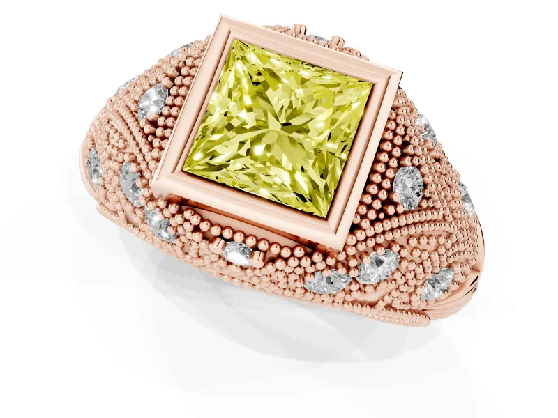Fancy Yellow Princess Cut Diamond Bezel Ring Set in Rose gold with Milgrain Accent Band
