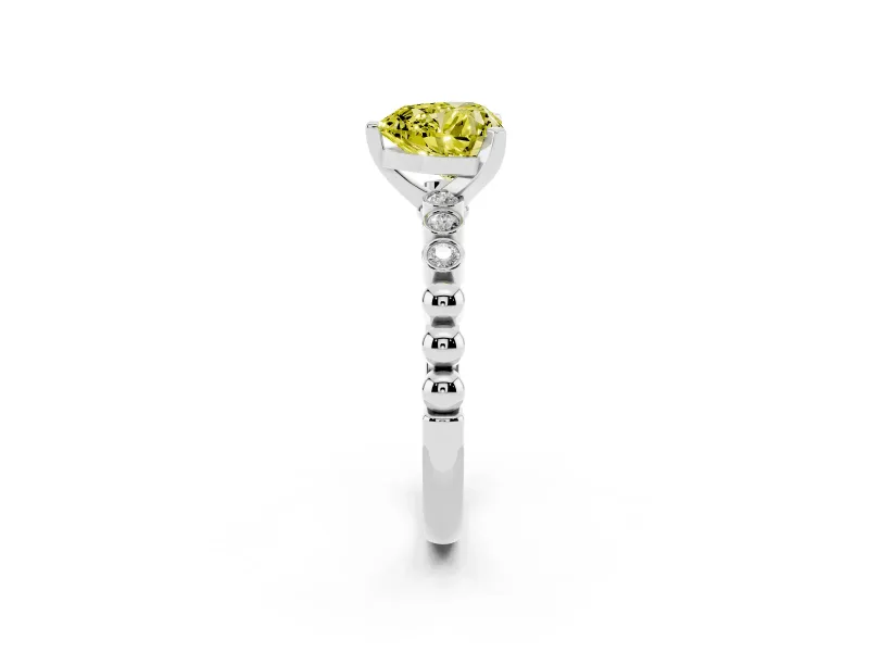 Fancy Yellow Heart Cut Diamond Solitaire Engagement Ring Set in Silver with Bezel Accents on Beaded Band