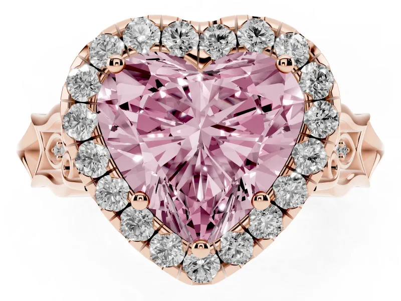 Fancy Pink Heart Cut Diamond Halo Engagement Ring Set in Rose gold with Filigree Band and Prong-Set Center