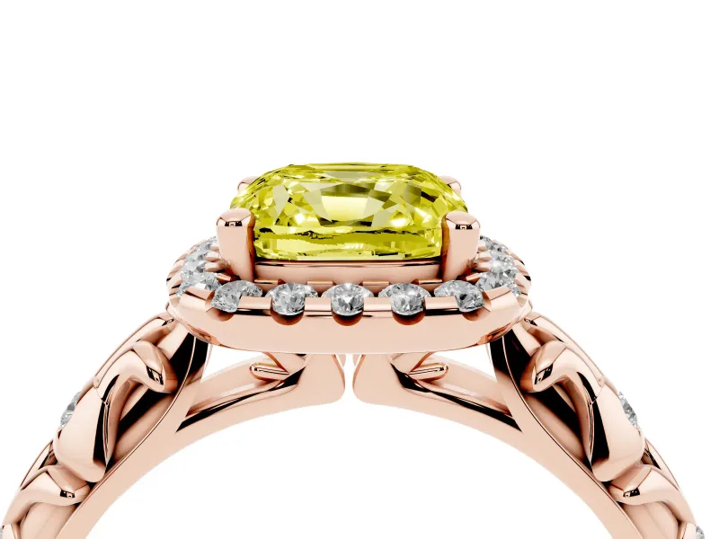 Cushion Cut Leaf Halo Engagement Ring Setting for a Fancy Yellow Lab-Grown Diamond | Bezel Accents | Rose Gold