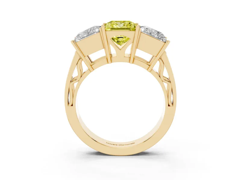 Princess Cut Three Stone Engagement Ring Setting for a Fancy Yellow Lab-Grown Diamond | Beaded Shoulders | Yellow Gold