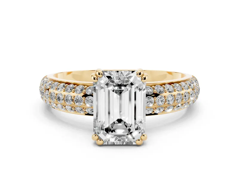Emerald Cut Diamond Solitaire Ring Set in Yellow gold with Multi-Row Round Pavé Band and Prong Setting