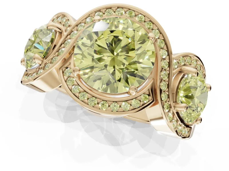 Round Three Stone Halo Engagement Ring Setting for a Fancy Yellow Lab-Grown Diamond | Pavé Wave Band | Yellow Gold
