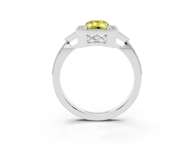 Fancy Yellow Emerald Cut Diamond Halo Engagement Ring Set in White gold with Milgrain Pavé Band