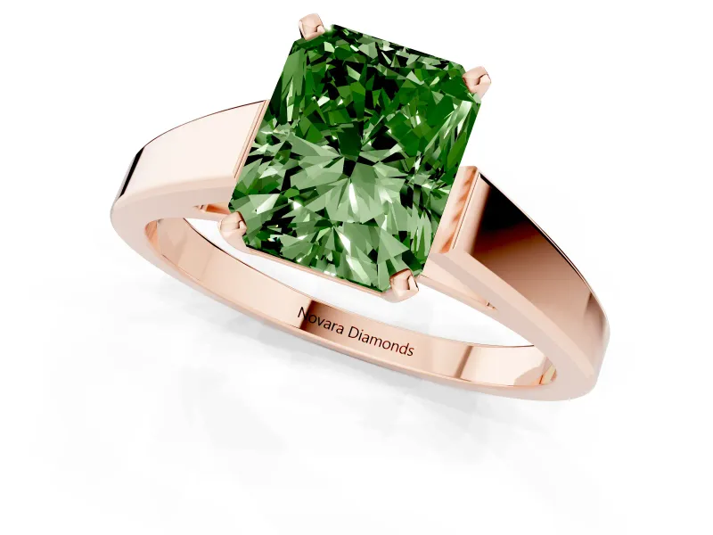 Fancy Green Radiant Cut Diamond Solitaire Engagement Ring Set in Rose gold with Prong Setting and Tapered Band