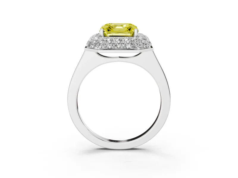 Fancy Yellow Asscher Cut Diamond Halo Engagement Ring Set in Platinum with Solitaire Band and Prong Setting