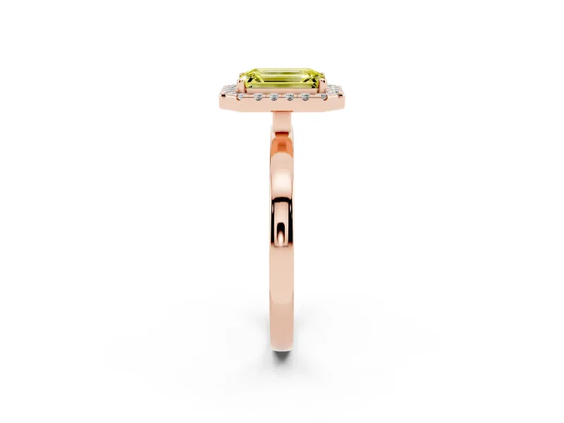 Fancy Yellow Emerald Cut Diamond Halo Solitaire Ring Set in Rose gold with Pavé Band and Prong Setting
