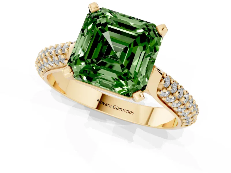 Asscher Cut Pavé Engagement Ring Setting for a Fancy Green Lab-Grown Diamond | Multi-Row Shoulders | Yellow Gold