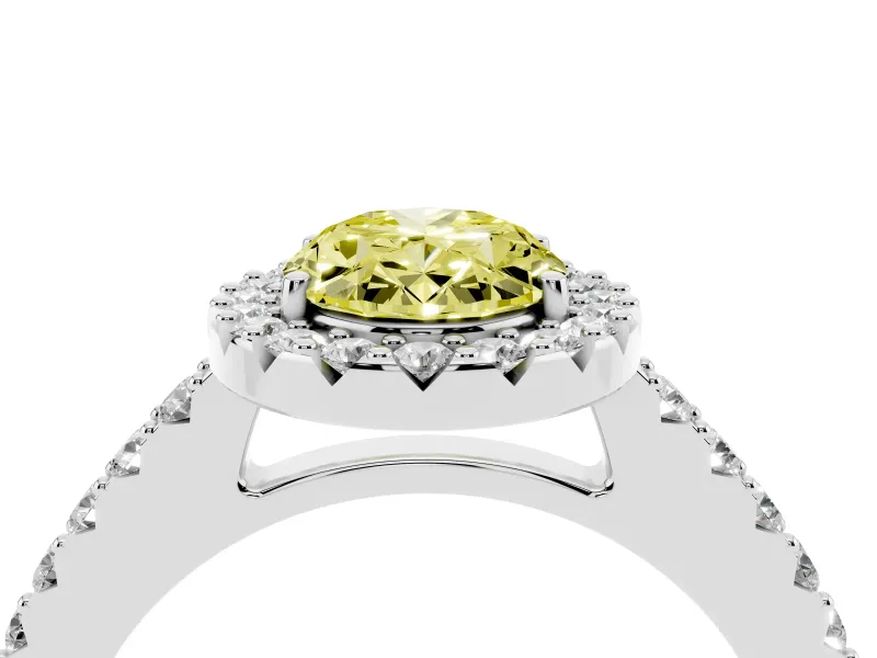 Fancy Yellow Oval Cut Diamond Halo Pavé Solitaire Ring Set in Silver with Prong-Set Center Stone