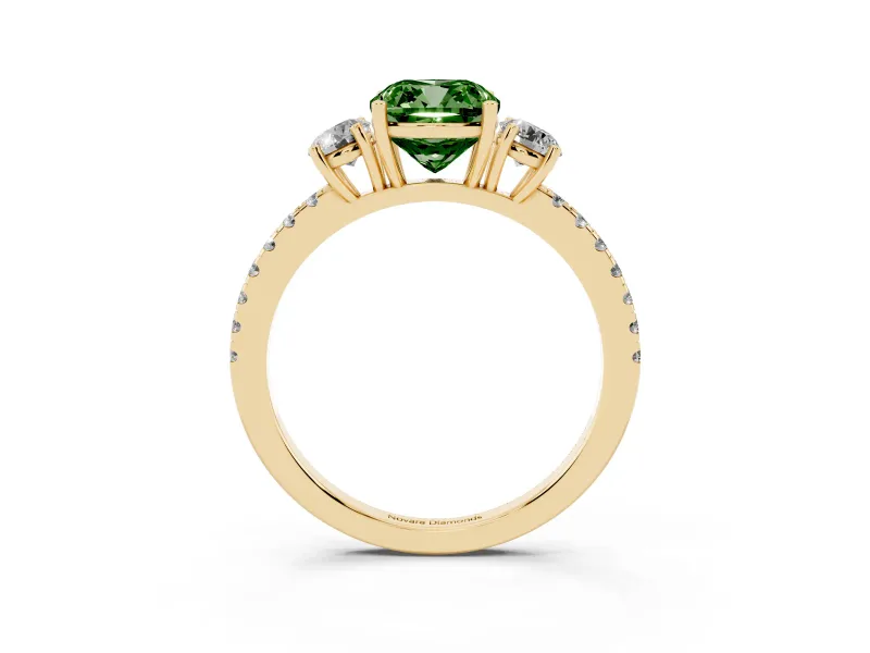 Cushion Cut Three Stone Engagement Ring Setting for a Fancy Green Lab-Grown Diamond | Pave Shoulders | Yellow Gold