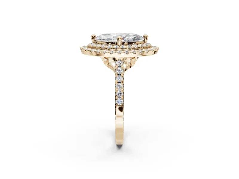 Marquise Double Halo Engagement Ring Setting | Pave Shoulders | Yellow Gold