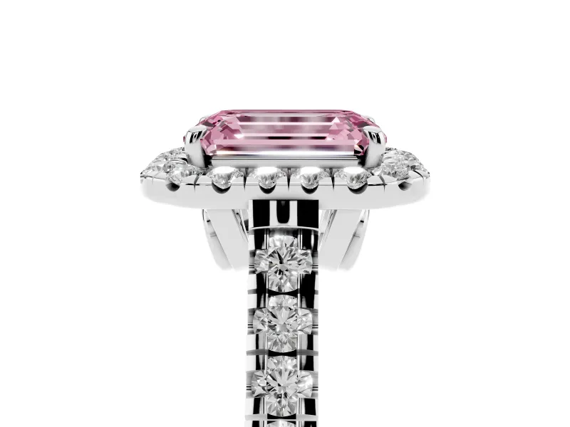 Emerald Cut Halo Engagement Ring Setting for a Fancy Pink Lab-Grown Diamond | Shared Prong Shoulders | Sterling Silver