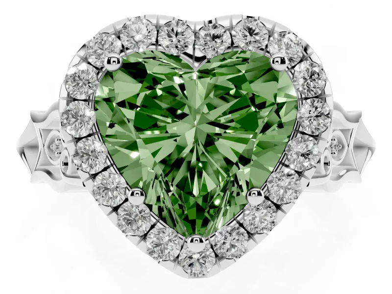 Fancy Green Heart Cut Diamond Halo Engagement Ring Set in White gold with Filigree Band and Prong-Set Center