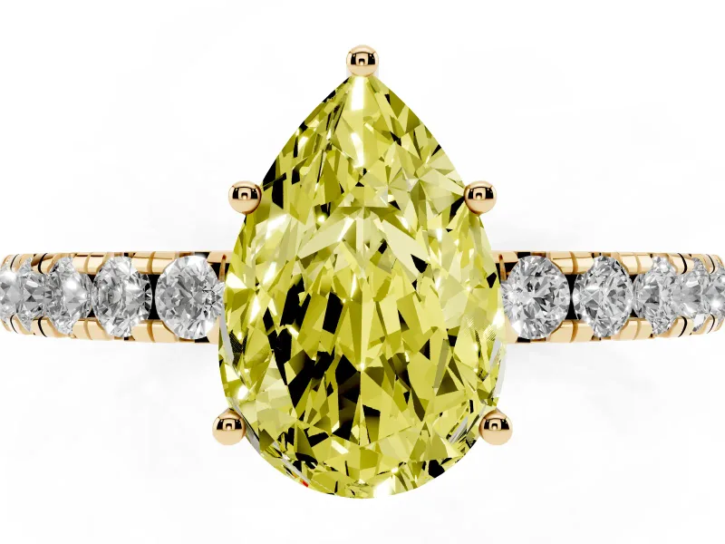 Pear-Shaped Pave Engagement Ring Setting for a Fancy Yellow Lab-Grown Diamond | Shared Prong Band | Yellow Gold