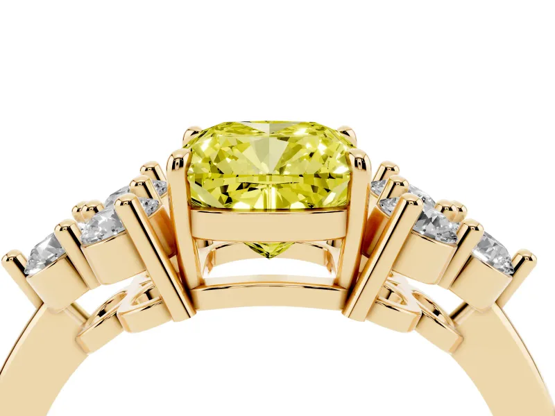 Cushion Cut Cluster Side Stone Engagement Ring Setting for a Fancy Yellow Lab-Grown Diamond | Plain Band | Yellow Gold