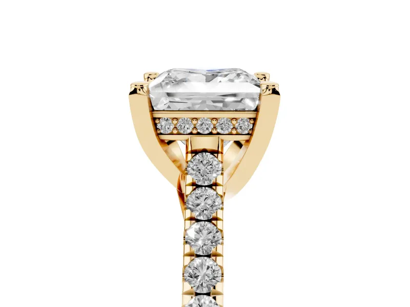 Princess Cut Hidden Halo Pave Engagement Ring Setting | Claw Prongs | Yellow Gold