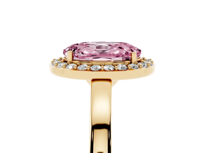 Fancy Pink Oval Cut Diamond Halo Ring Set in Yellow gold with Solitaire Band and Prong Setting