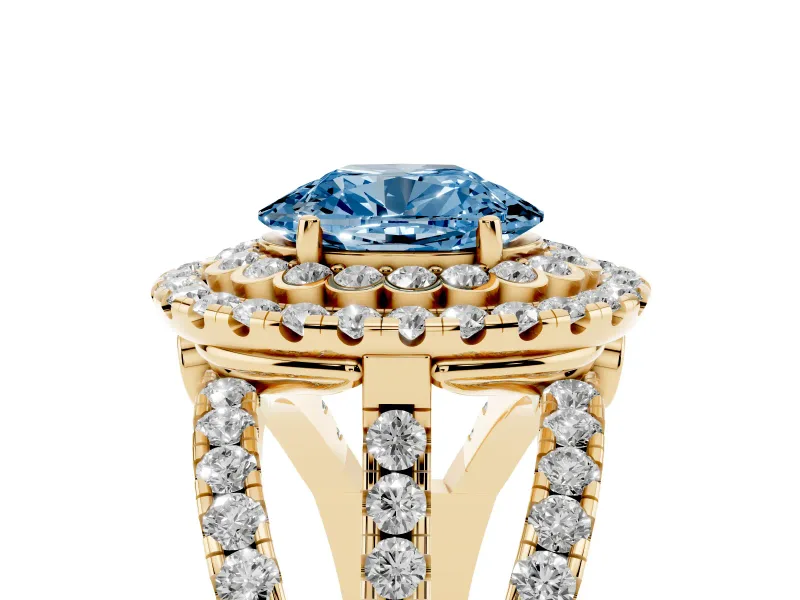 Oval Double Halo Split Shank Engagement Ring Setting for a Fancy Blue Lab-Grown Diamond | Pave Strands | Yellow Gold
