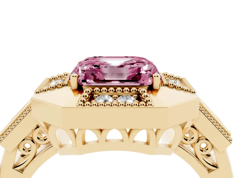 Asscher Cut Milgrain Sectioned Halo Engagement Ring Setting for a Fancy Pink Lab-Grown Diamond | Yellow Gold