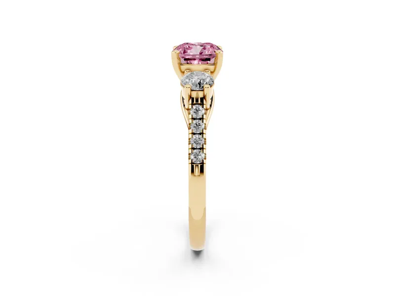 Fancy Pink Three-Stone Cushion Cut Diamond Pavé Band Ring Set in Yellow gold with Prong-Set Trio