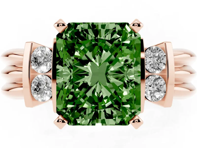Fancy Green Three-Stone Radiant Cut Diamond Channel Set Ring Set in Rose gold with Bar Prongs