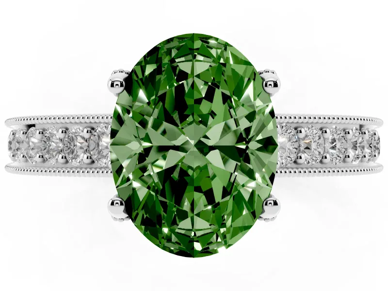 Oval Hidden Halo Engagement Ring Setting for a Fancy Green Lab-Grown Diamond | Milgrain Pave | Sterling Silver