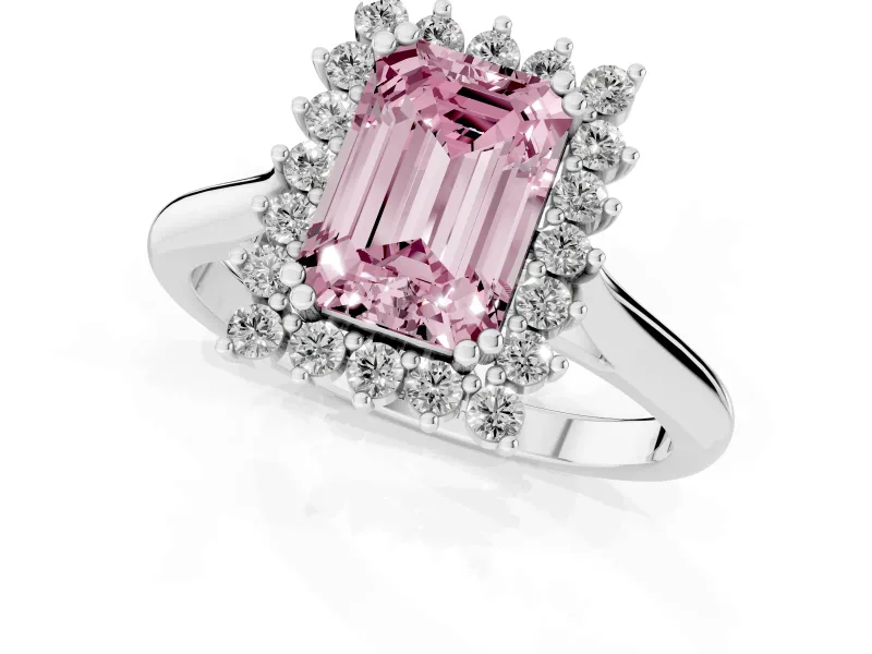 Fancy Pink Emerald Cut Diamond Halo Ring Set in Silver with Plain Solitaire Band and Prong Setting