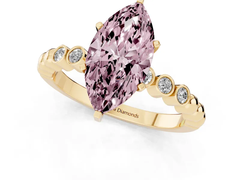 Fancy Pink Marquise Cut Diamond Solitaire Engagement Ring Set in Yellow gold with Bezel Accents on Beaded Band