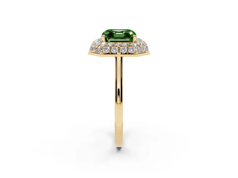Fancy Green Asscher Cut Diamond Halo Engagement Ring Set in Yellow gold with Solitaire Band and Prong Setting