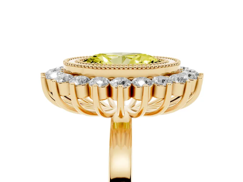 Fancy Yellow Oval Cut Diamond Halo Ring Set in Yellow gold with Milgrain Edge and Round Prong Setting