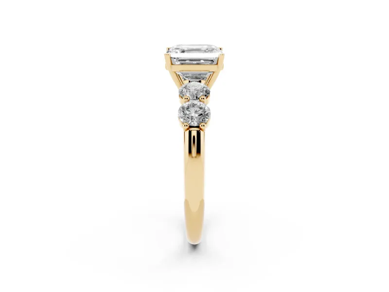 Asscher Cut Five Stone Engagement Ring Setting | Prong Set Side Stones | Yellow Gold