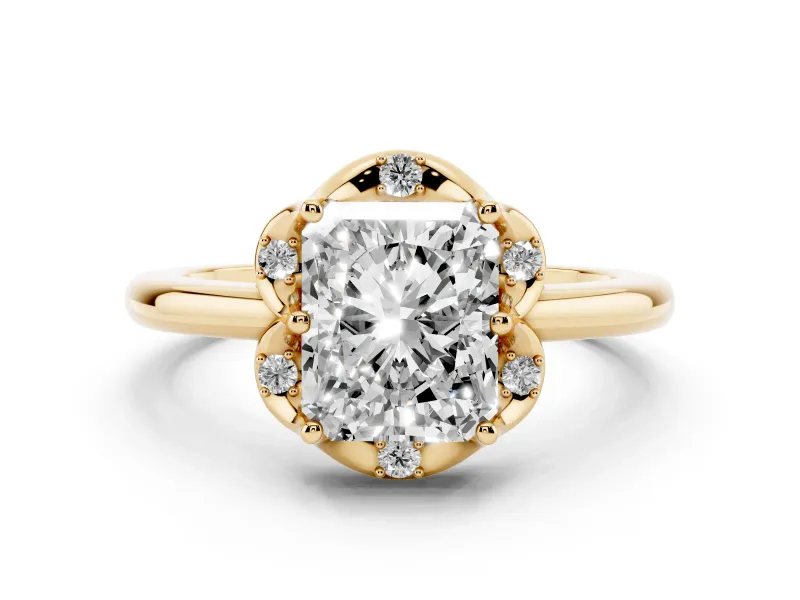 Radiant Cut Diamond Round Cluster Halo Ring Set in Yellow gold with Solitaire Band and Prong Setting