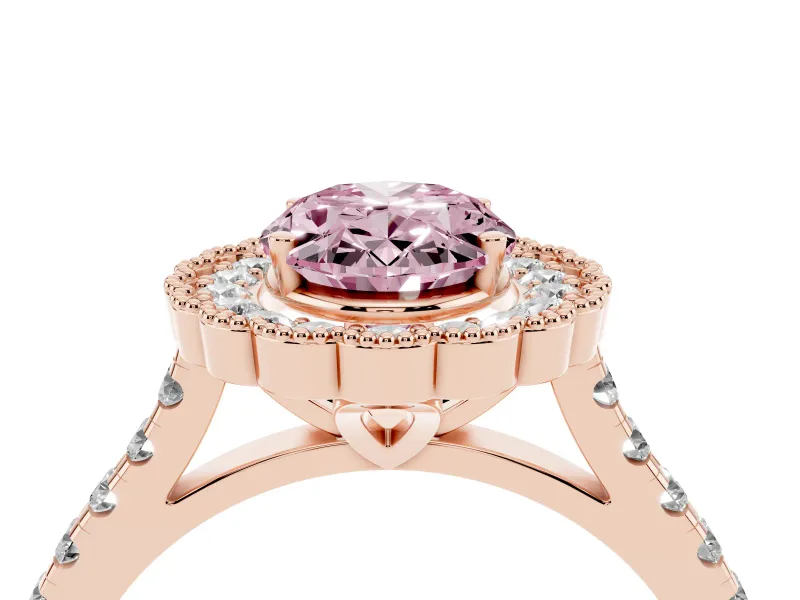 Fancy Pink Oval Cut Diamond Milgrain Floral Halo Engagement Ring Set in Rose gold with Pavé Band