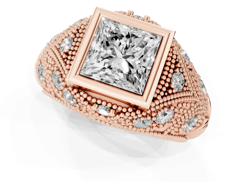 Princess Cut Diamond Bezel Ring Set in Rose gold with Milgrain Accent Band