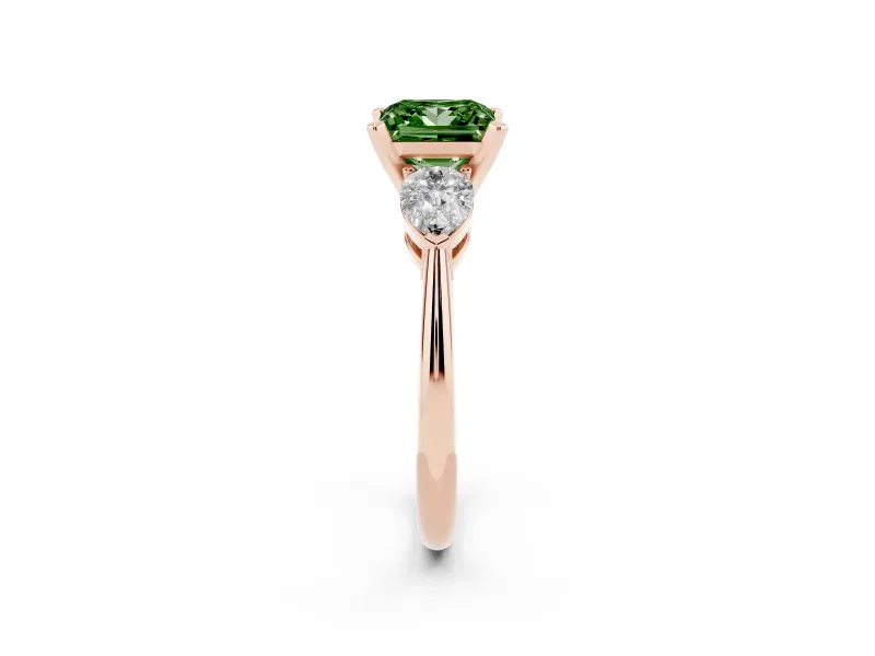 Fancy Green Three-Stone Princess Cut Diamond Ring Set in Rose gold with Pear Side Stones and Prong Setting