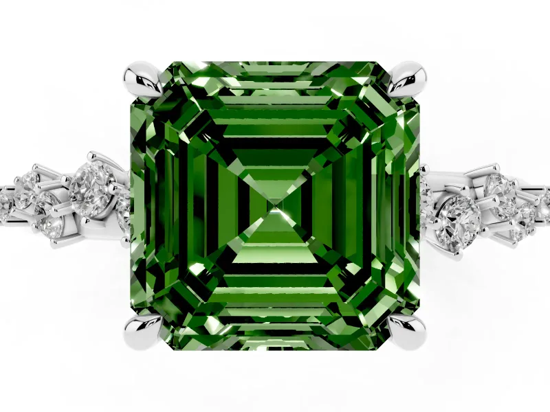 Fancy Green Asscher Cut Diamond Solitaire Vine Band Ring Set in Platinum with Round Accents and Prong Setting
