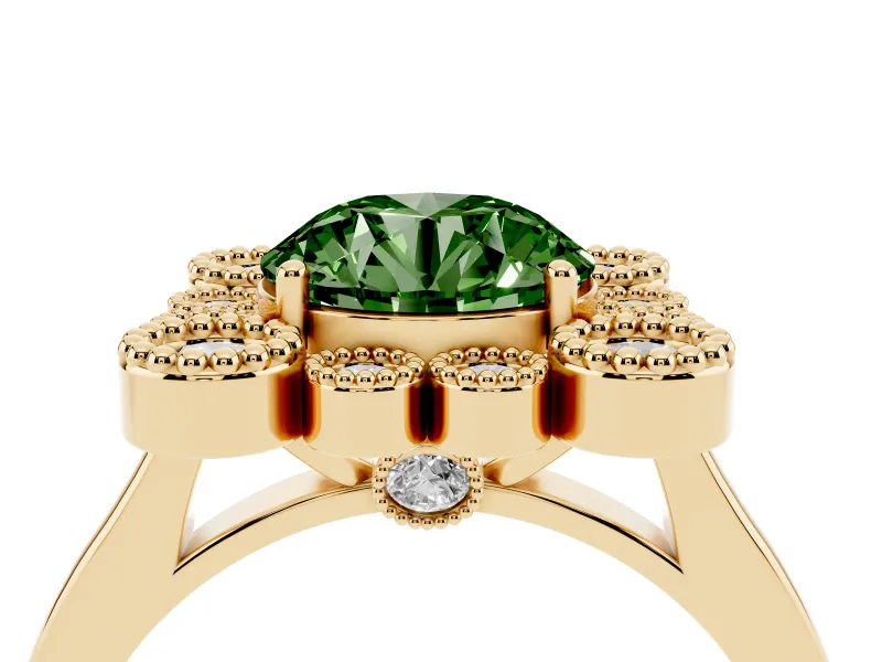Round Milgrain Cluster Halo Engagement Ring Setting for a Fancy Green Lab-Grown Diamond | Plain Band | Yellow Gold