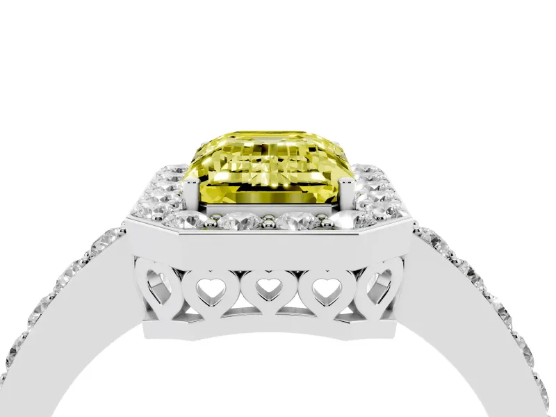 Fancy Yellow Emerald Cut Diamond Halo Ring Set in White gold with Pavé-Setting Band and Open Prong Center