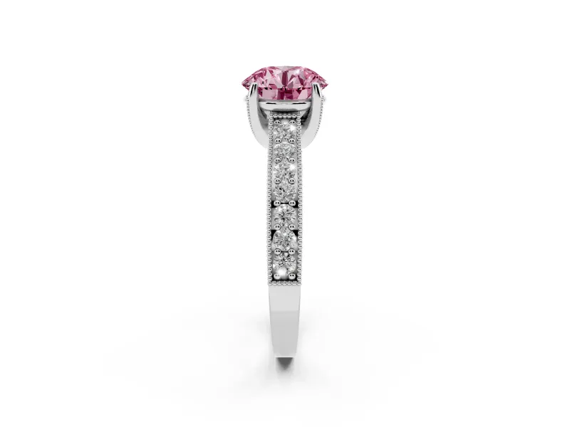 Round Hidden Halo Engagement Ring Setting for a Fancy Pink Lab-Grown Diamond | Milgrain Pave | Sterling Silver