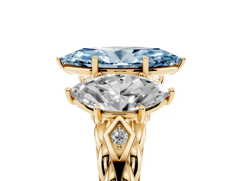 Fancy Blue Marquise Cut Diamond Three-Stone Ring Set in Yellow gold with Braided Band