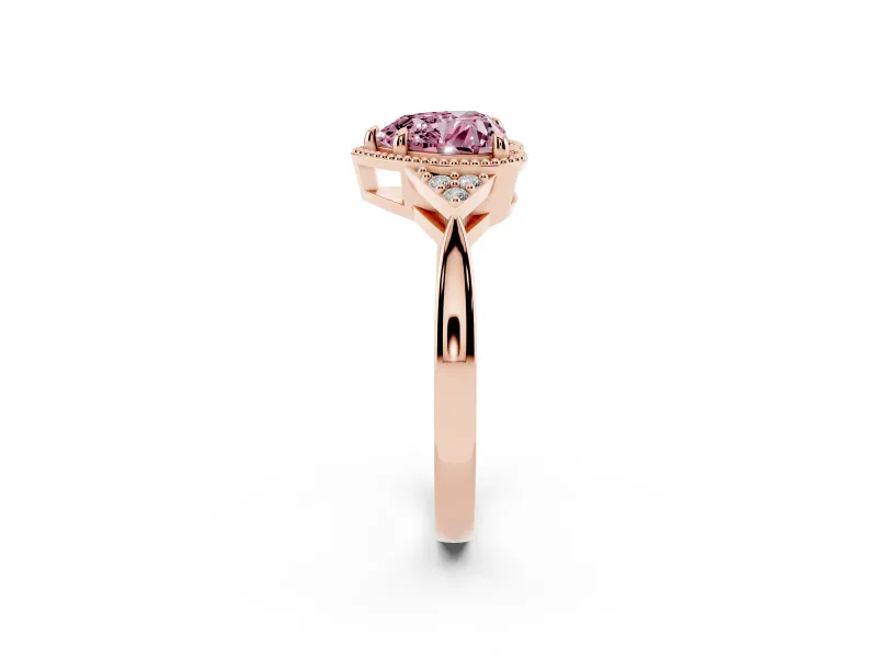 Fancy Pink Heart Cut Diamond Milgrain Solitaire Ring Set in Rose gold with Tapered Pavé Band and Prong Setting