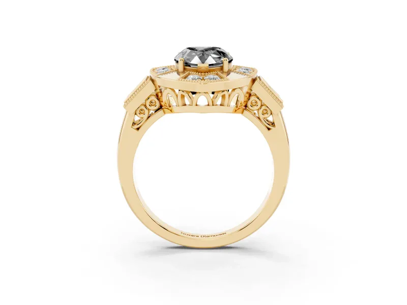 Fancy Black Pear Cut Diamond Milgrain Halo Ring Set in Yellow gold with Split Shank