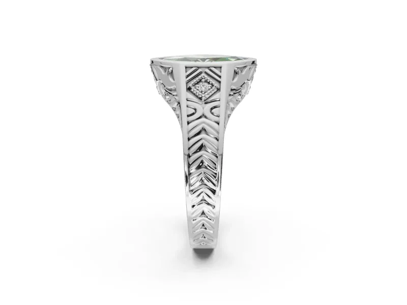 Marquise Vintage Bezel Engagement Ring Setting for a Fancy Green Lab-Grown Diamond | Engraved Band | White Gold