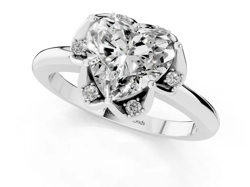 Heart-Shaped Scalloped Petal Halo Engagement Ring Setting | Plain Band | White Gold