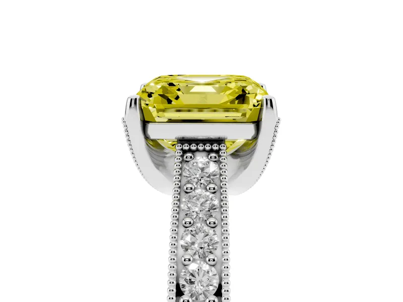 Asscher Cut Hidden Halo Engagement Ring Setting for a Fancy Yellow Lab-Grown Diamond | Milgrain Pave | White Gold
