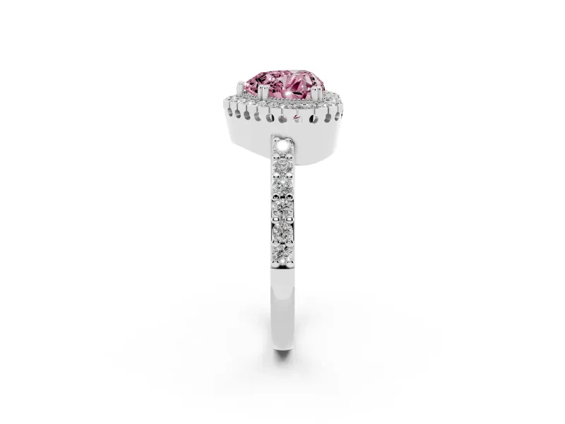 Fancy Pink Heart Cut Diamond Halo Engagement Ring Set in Platinum with Milgrain Detail and Pavé Band