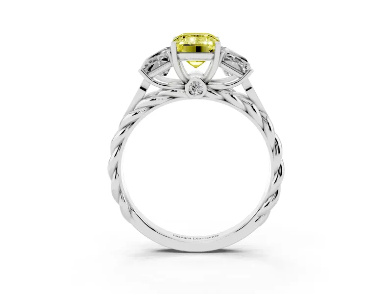 Fancy Yellow Emerald Cut Diamond Three-Stone Ring Set in Silver with Braided Band