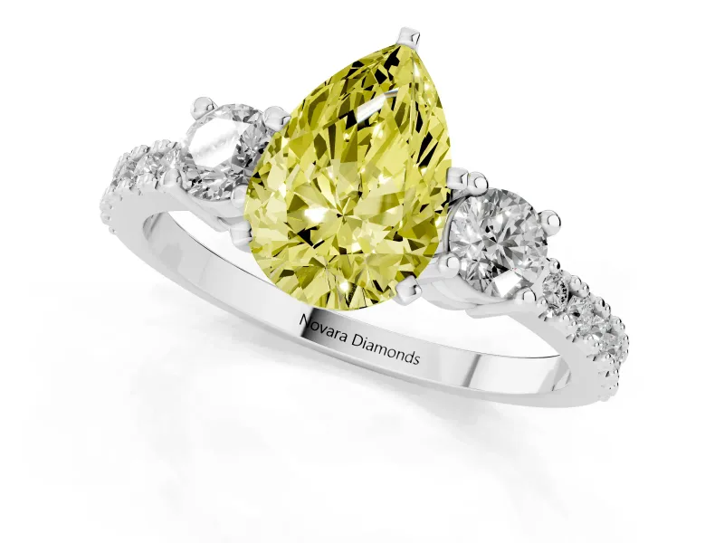 Fancy Yellow Three-Stone Pear Cut Diamond Pavé Band Ring Set in Silver with Prong Setting