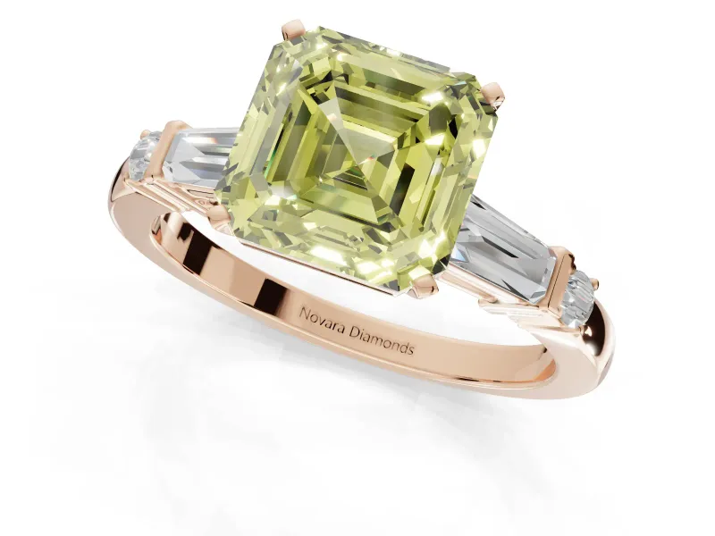 Asscher Cut Tapered Baguette Engagement Ring Setting for a Fancy Yellow Lab-Grown Diamond | Bar Set Sides | Rose Gold