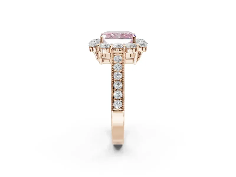 Radiant Cut Vintage Halo Engagement Ring Setting for a Fancy Pink Lab-Grown Diamond | Milgrain Channel Band | Rose Gold